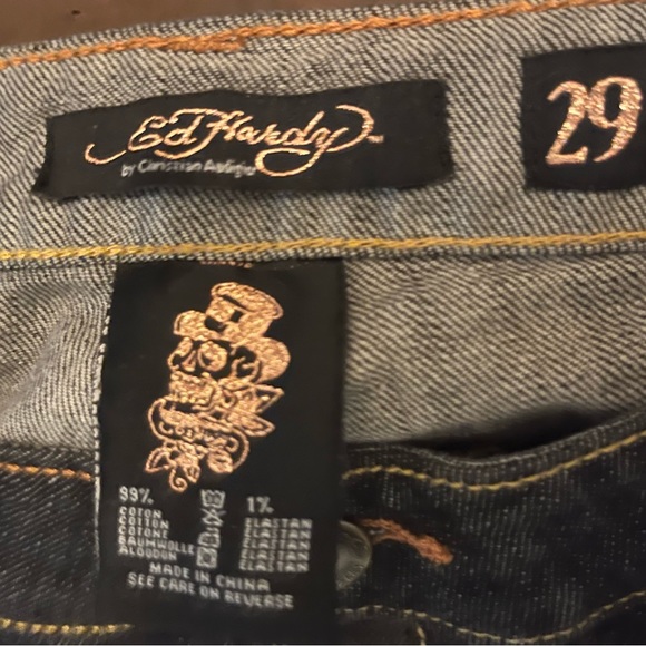Ed Hardy Rare Crystal Encrusted Love Kills Slowly Skull Bootcut Jeans Sz. 29 NWT - Picture 11 of 14